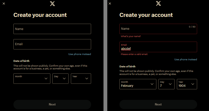 Showcase of Twitter's account creation form.