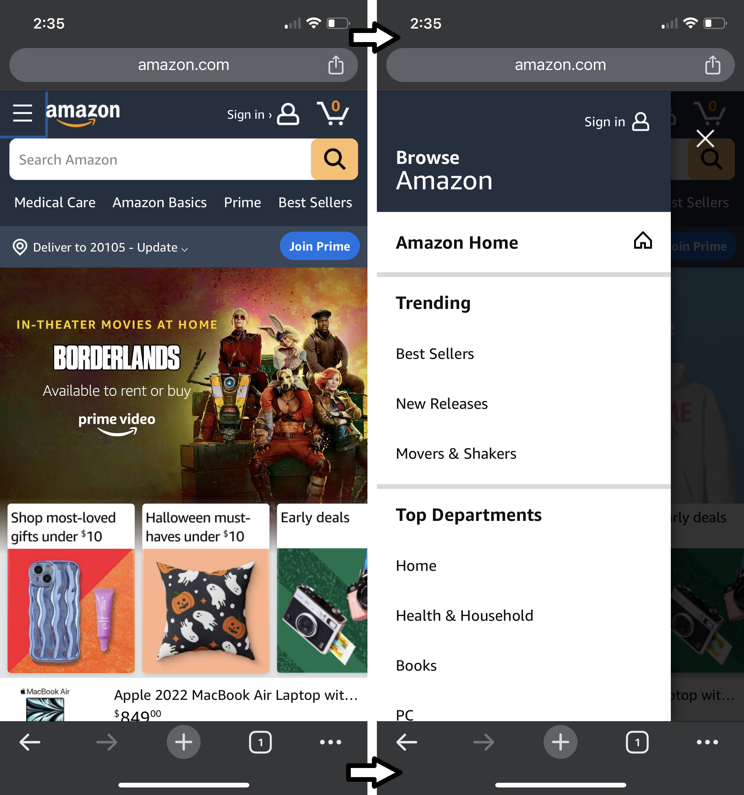 Showcase of Amazon's navigation menu on mobile.